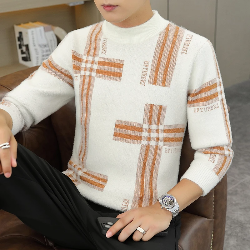 秋冬季男士加厚仿貂绒毛衣青少年半高领休闲针织衫潮流保暖打底衫