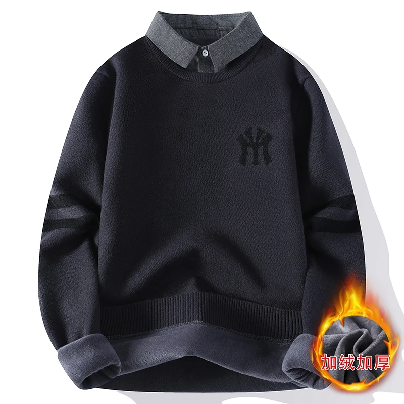 秋冬新款假两件毛衣男加绒加厚休闲保暖打底针织衫衬衫领线衣上衣