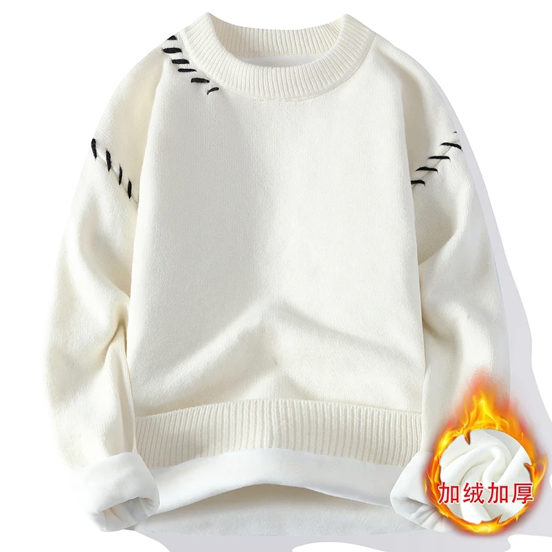 落肩袖毛衣男秋冬新款加绒加厚圆领保暖打底针织衫宽松线衣潮流