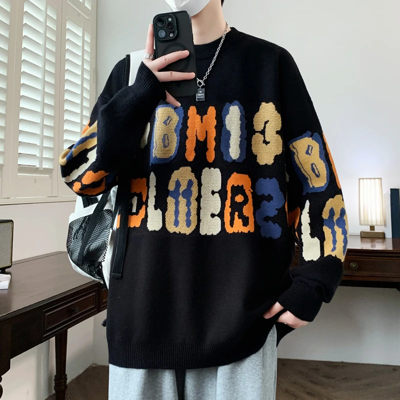 秋冬新款青少年撞色提花毛衣男士打底针织衫加厚情侣保暖线衣潮流