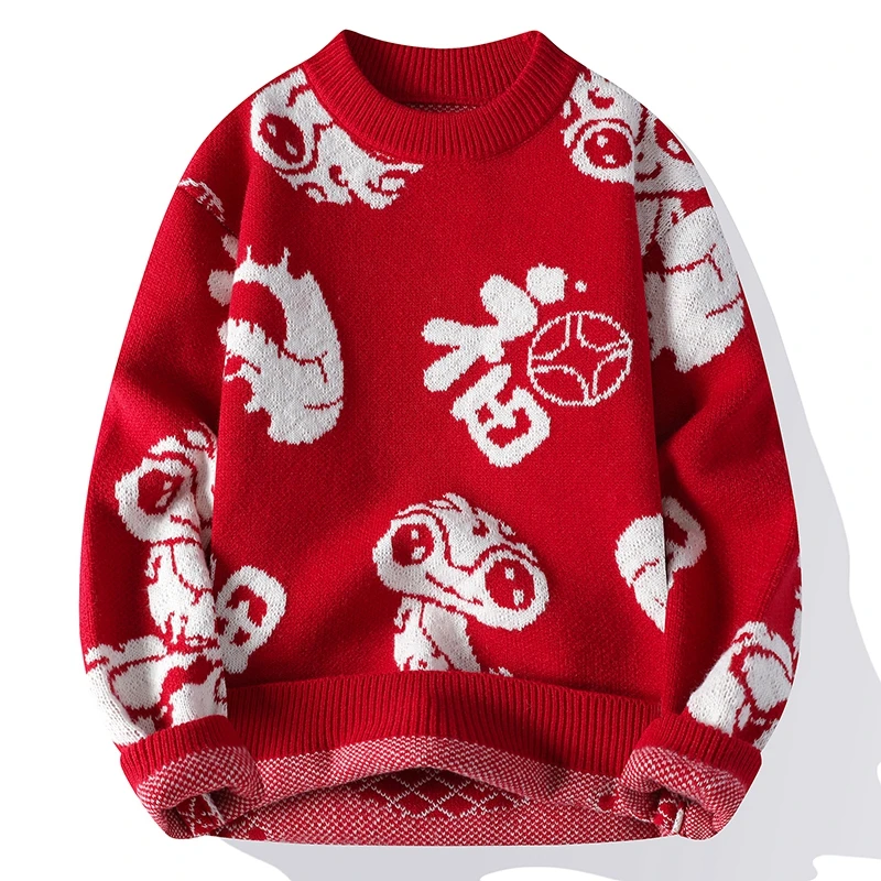 蛇年福字大红色毛衣男秋冬季打底针织衫本命年加厚保暖情侣线衣潮