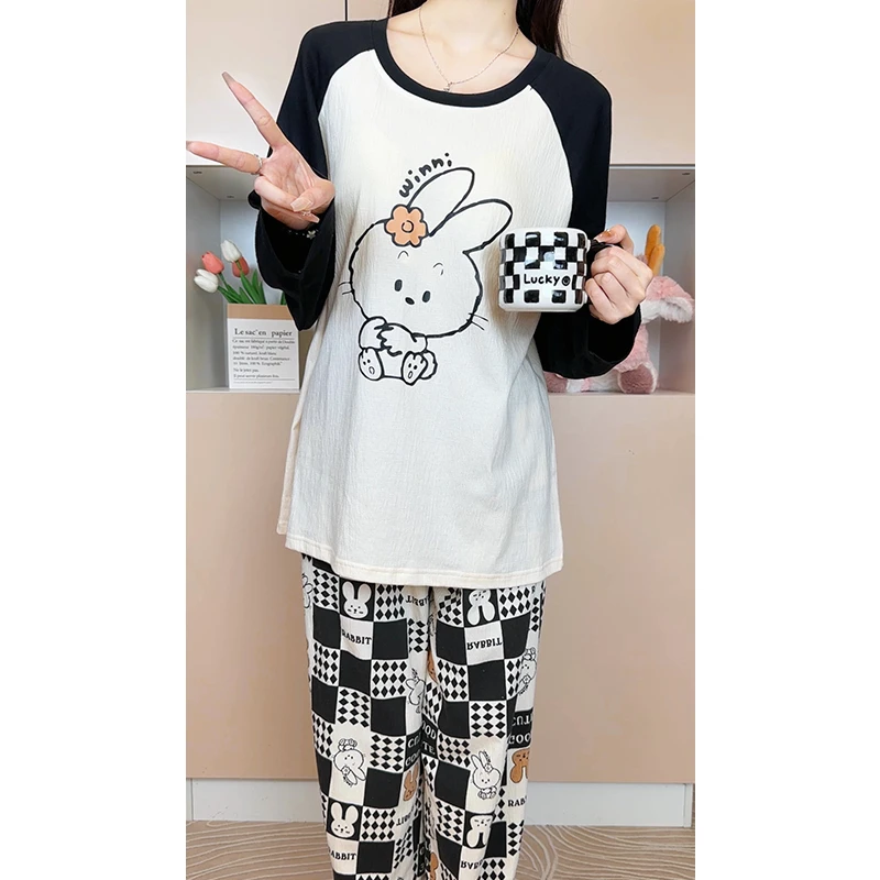 2024新款睡衣女春秋长袖长裤套头圆领自带胸垫可外穿家居服套装