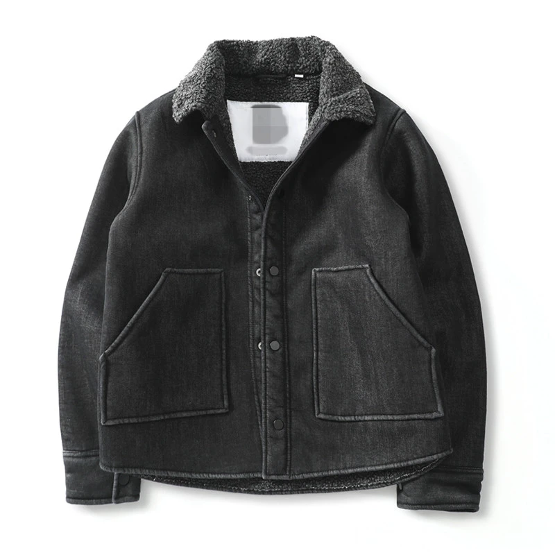 794厚实复古水洗做旧牛仔翻领摇粒绒加绒加厚休闲保暖棉衣外套男
