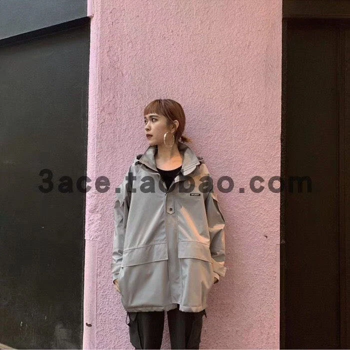 8008女款 潮牌日系版户外防风防水压胶工装连帽风衣夹克 宽松BF风