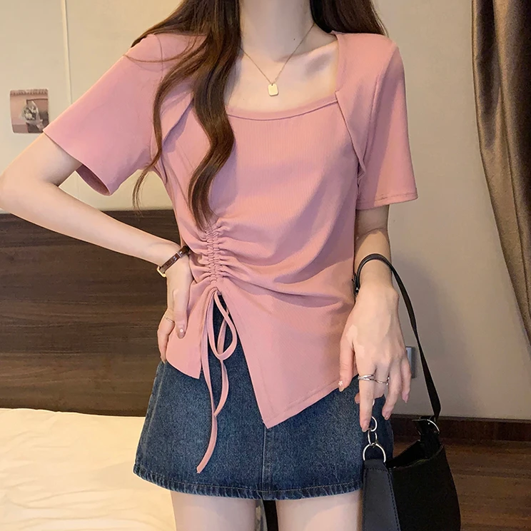 显瘦粉色短款上衣女螺纹不规则抽绳修身短袖方领T恤潮百搭