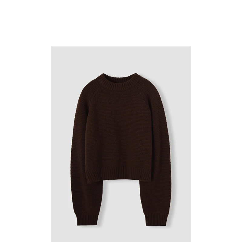 韩系慵懒感~套头短款宽松休闲洋毛＋洋绒针织上衣咖色 QXZF137