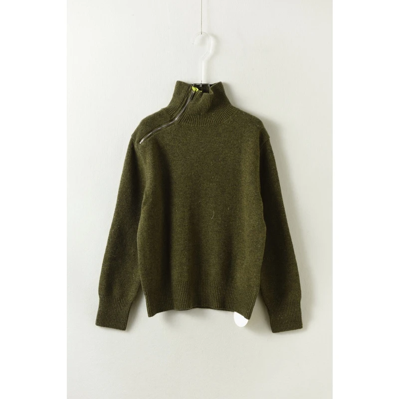 点子纱工艺/高领甜酷侧拉链洋毛/洋绒针织上衣女茶绿 QXZF304/BC