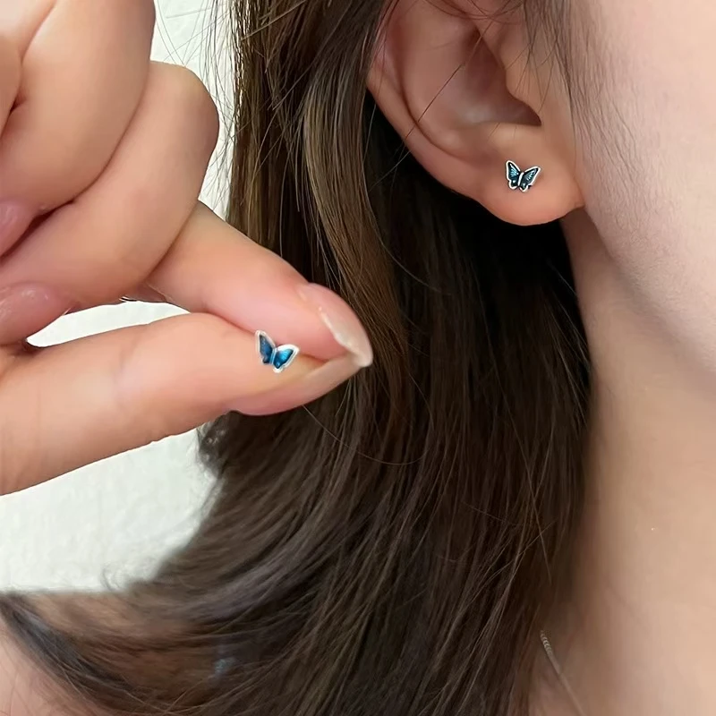 非金属树脂耳饰 足银蓝色滴油蝴蝶耳钉简约小巧迷你个性螺丝拧扣