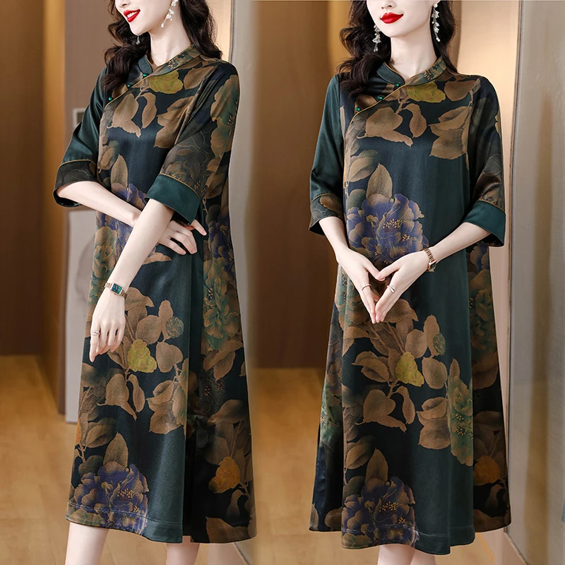 新中式高端复古印花袍子改良旗袍裙大码宽松遮肚子妈妈连衣裙1263