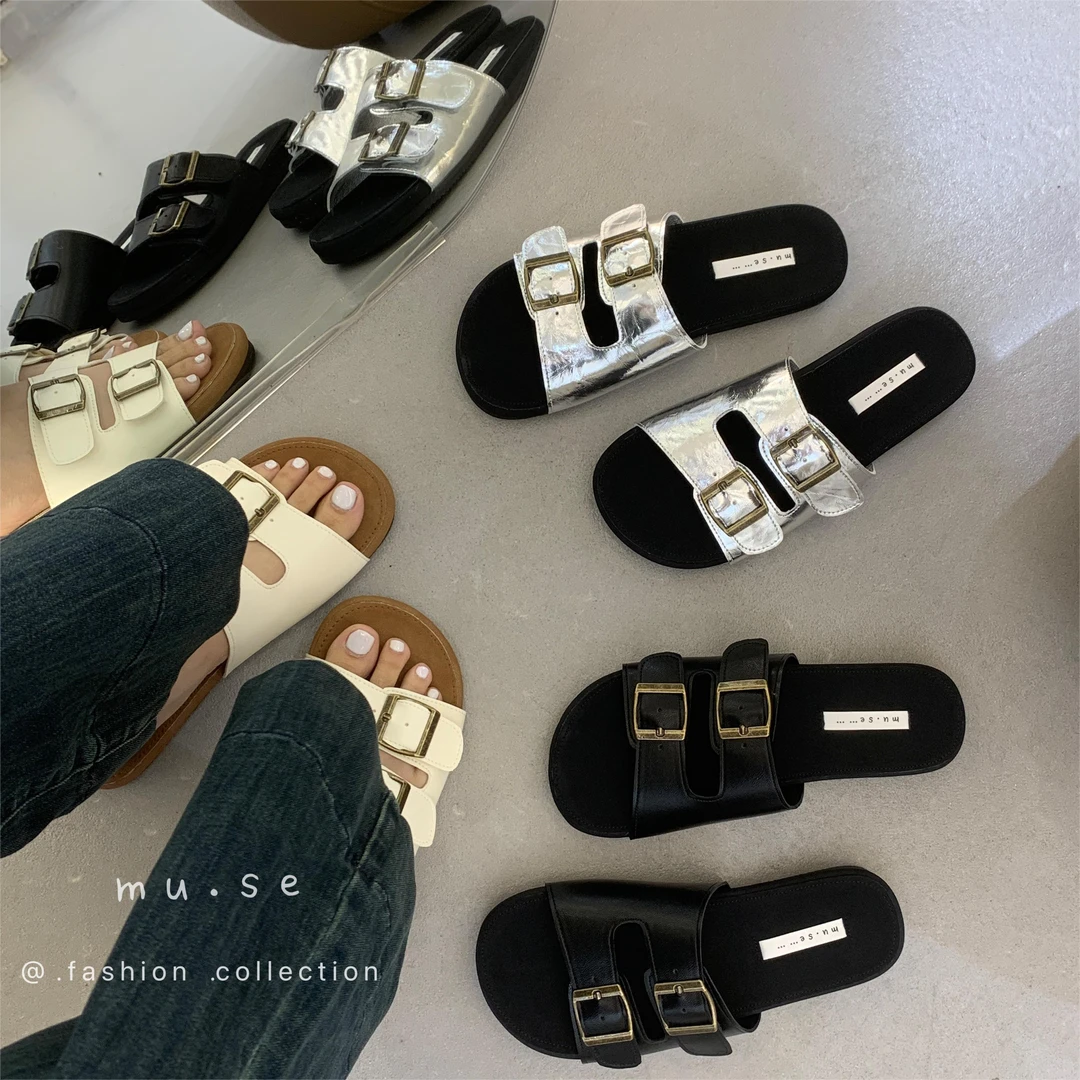 飞麒勃肯平底软底宽皮带扣凉拖鞋女外穿2024夏季新款百搭休闲拖鞋