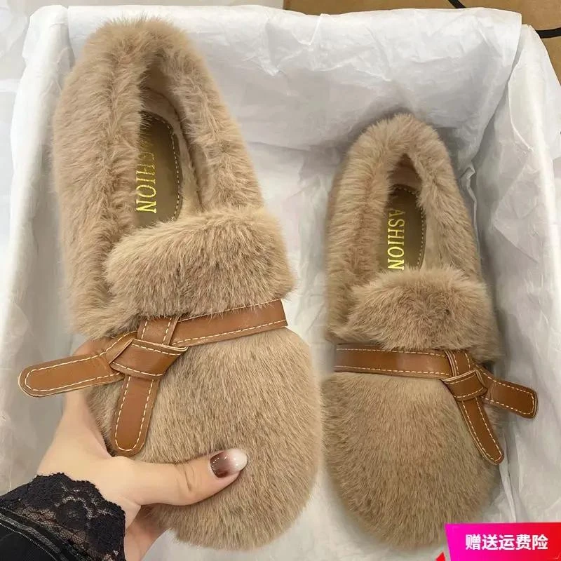 厚底内增高加绒圆头毛毛鞋女秋冬外穿温柔网爱一脚蹬棉鞋