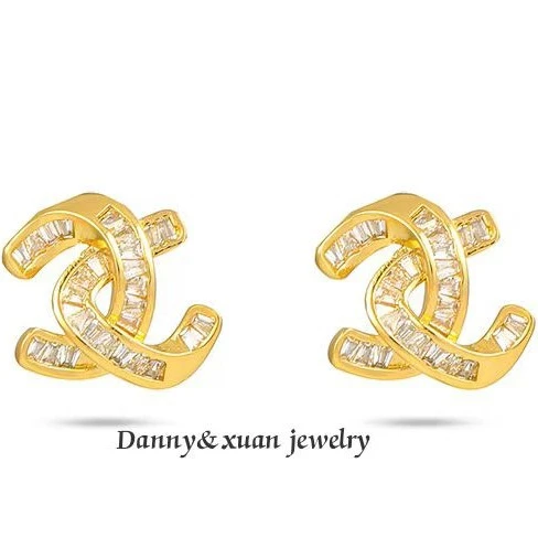 法式复古小香双C耳钉女轻奢锆石满镶高级感精致小巧耳环交叉闪钻