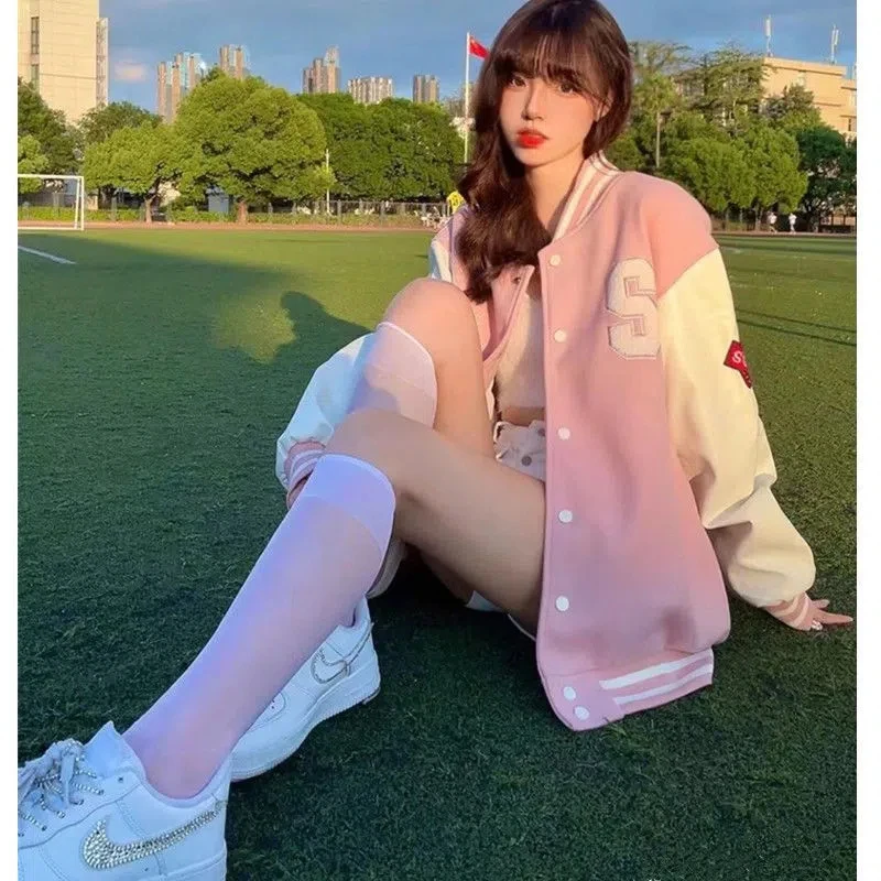 复古学院风加绒粉色棒球服女春秋新款百搭加厚夹克开衫夹克外套女