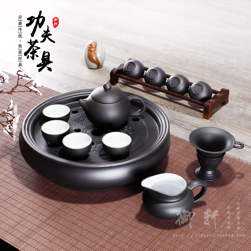 宜兴紫砂功夫茶具套装茶壶茶杯圆形茶盘整套陶瓷盖碗茶托盘泡茶器