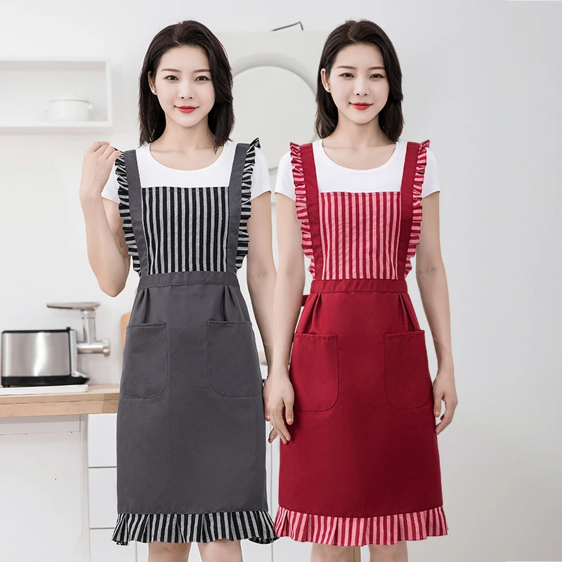 夏季无袖条纹花边棉布家用围裙厨房做饭女时尚简约围腰透气工作服