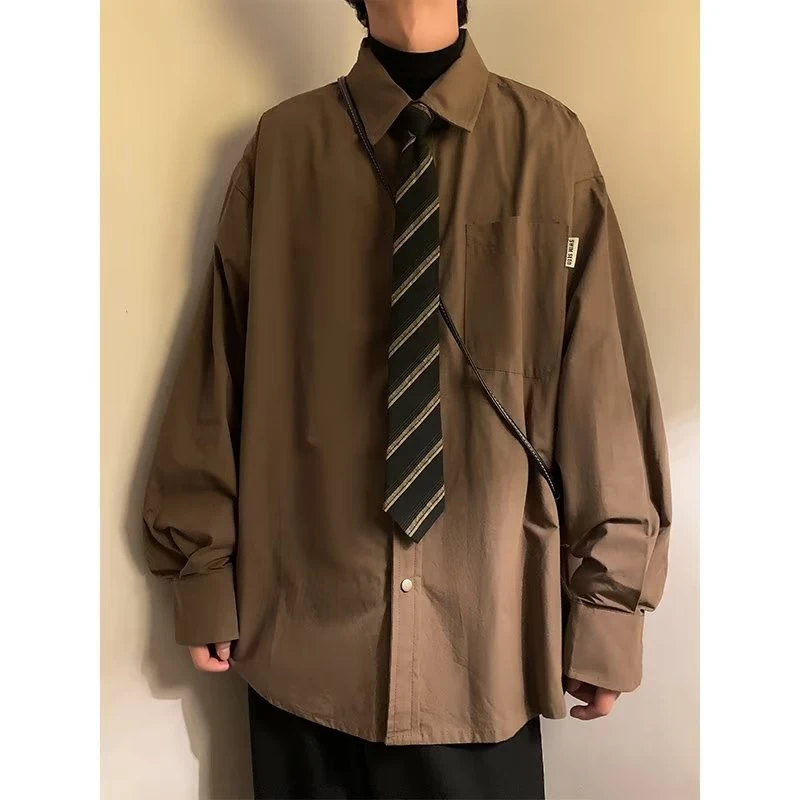 日系复古纯色长袖工装衬衫男女春秋季垂坠高级宽松休闲衬衣潮