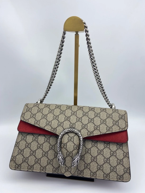 95新 GUCCI/古驰 酒神中号老花红色单肩链条斜挎包28cm/A159