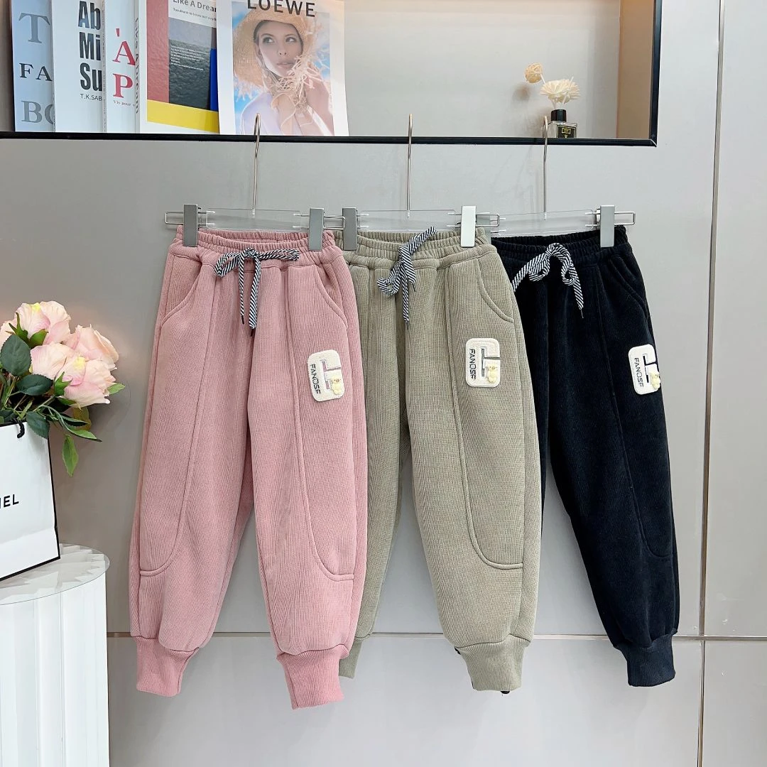 【一条过冬】女童洋气加绒特厚卫裤儿童冬款C字母小熊休闲运动裤潮