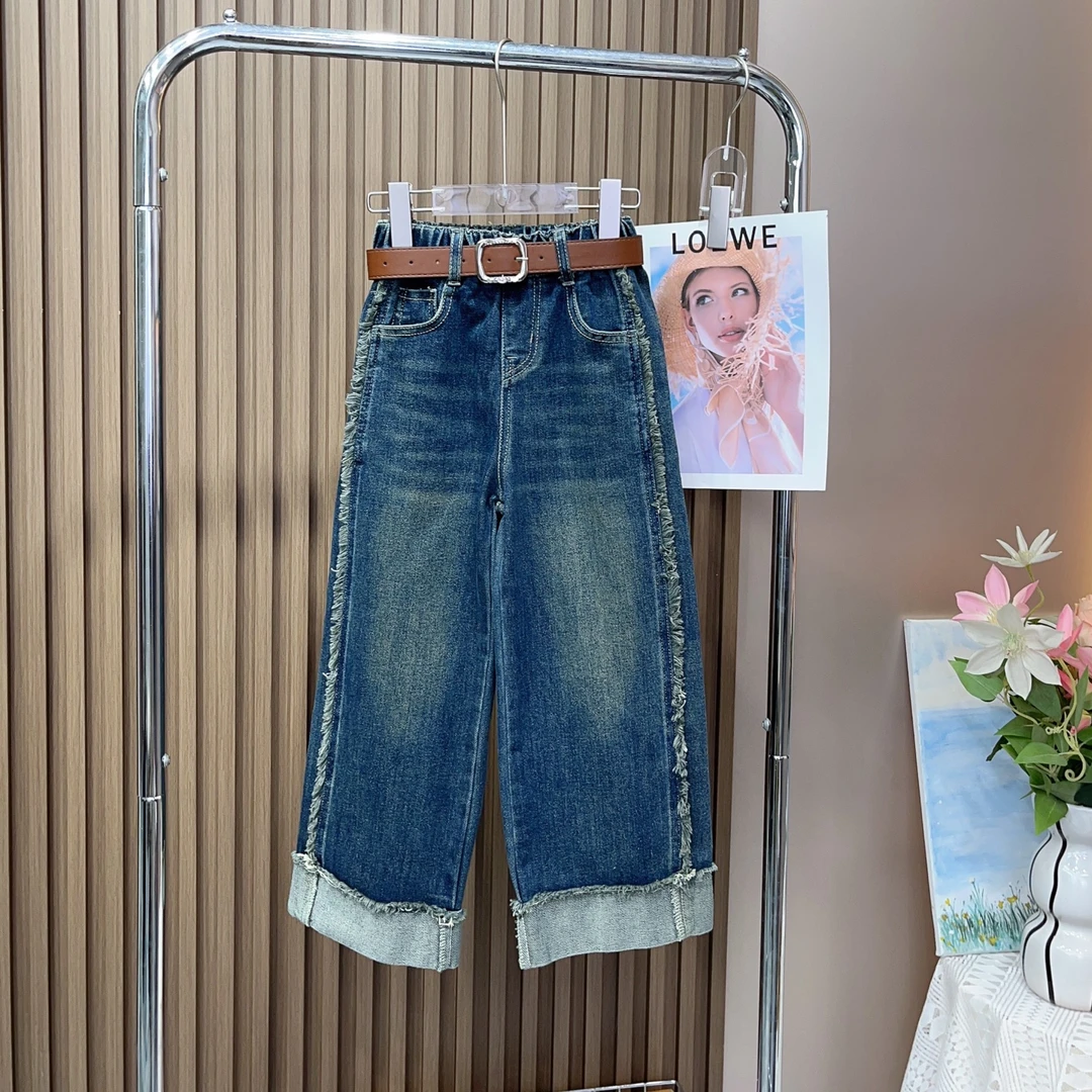 女童毛边阔腿裤2023秋季新款中大童宽松休闲儿童百搭时尚牛仔裤子