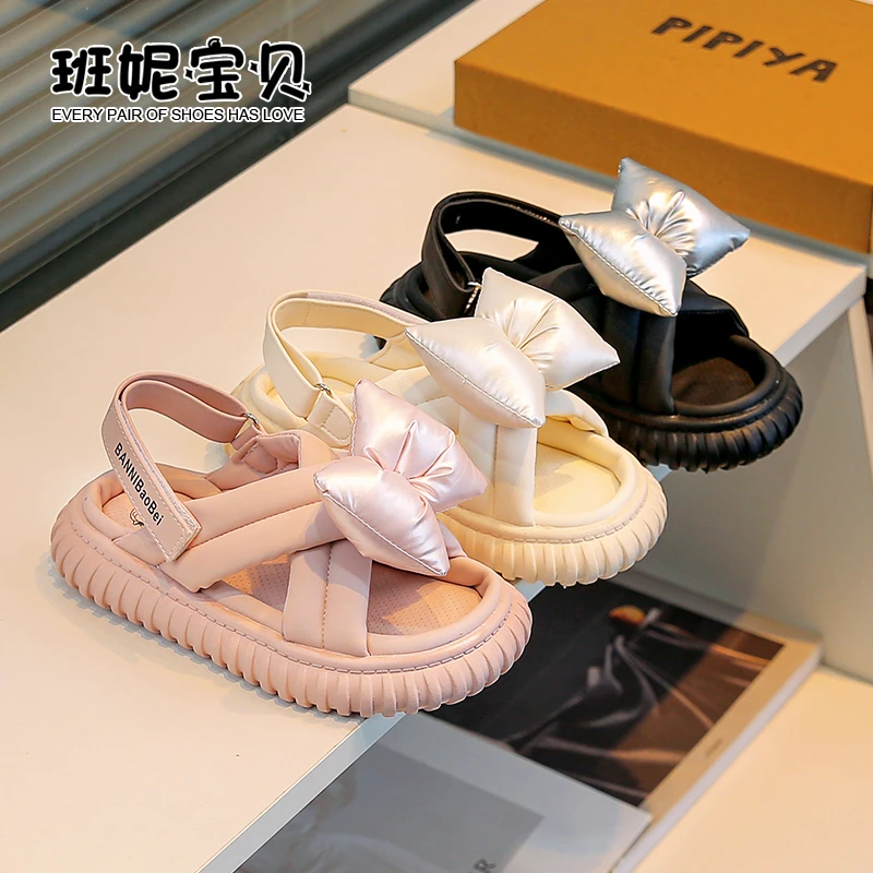 班妮宝贝2025夏季百搭透气 女童时尚蝴蝶结凉鞋