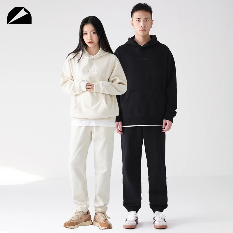 DEEP SEARCH 连帽加绒卫衣男女长袖秋冬宽松舒适套头情侣时尚上衣