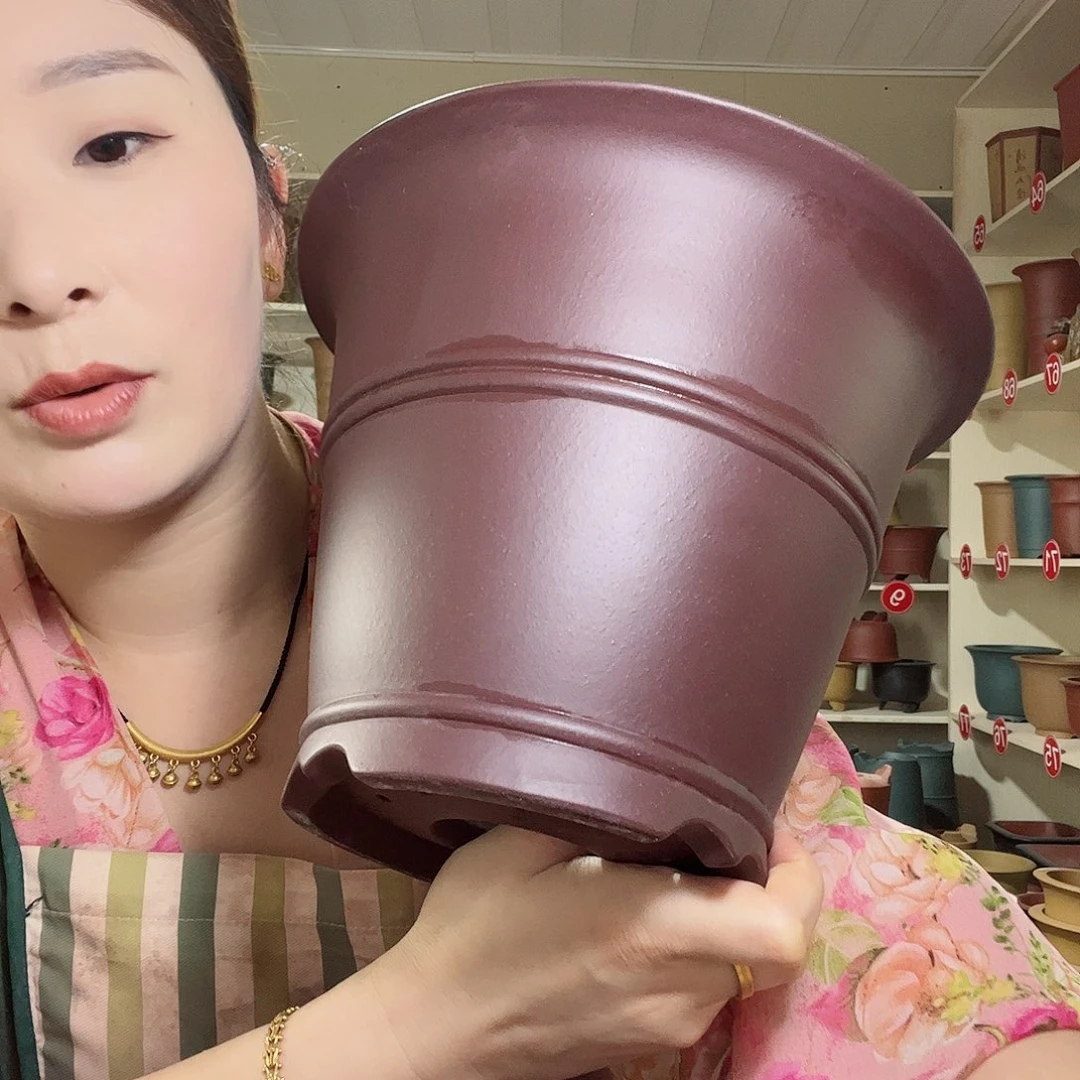 紫砂花盆双线陡盆紫茄