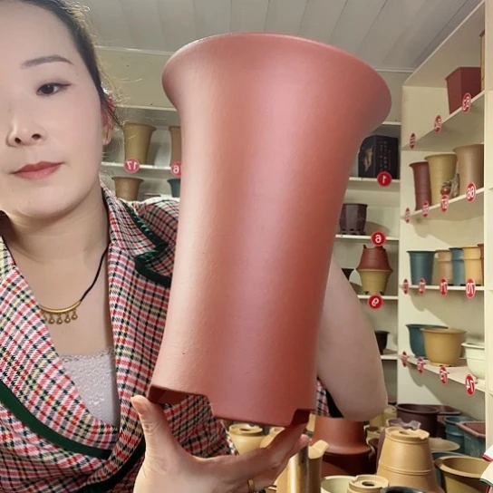 紫砂花盆微瑕27束腰红色