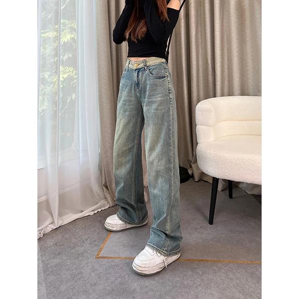 港风高腰撞色阔腿牛仔裤2024早春新款设计款百搭显瘦垂感直筒裤