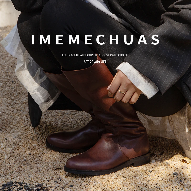 秋冬圆头低跟长靴女真皮不过膝骑士靴复古平底套筒靴显瘦长筒靴