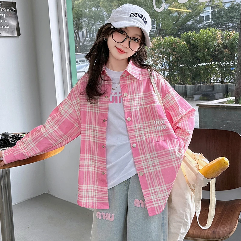 玛吉卡2024秋季新款女童寸衫中大童甜美格子寸衫长袖百搭薄款外套