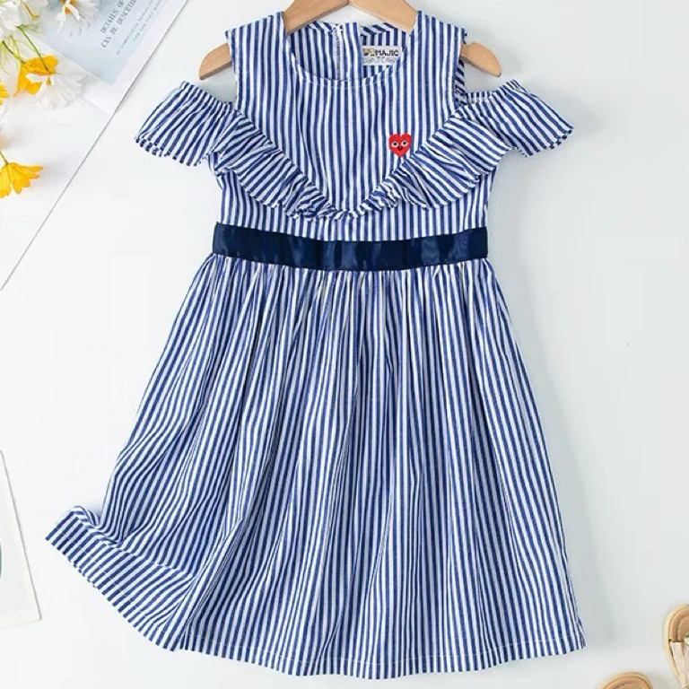 玛吉卡2024夏季新款洋气女童条纹连衣裙女宝洋气露肩连衣裙-1071
