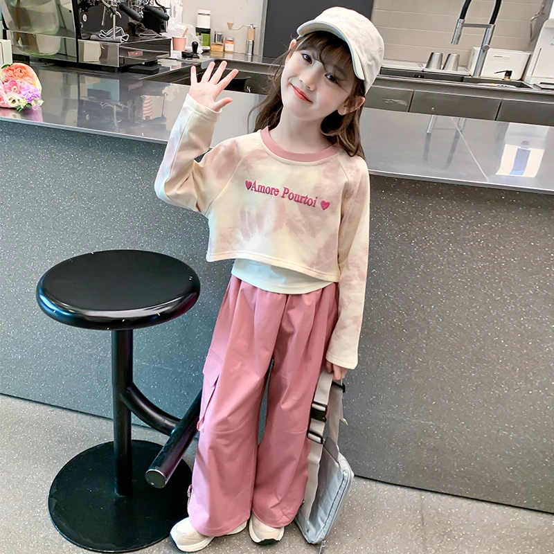 女童套装春秋季新款洋气卫衣女宝中大童网红时髦扎染工装裤三件套