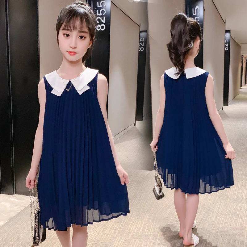 女童中大童夏装藏青纯色长裙子娃娃领中长款女孩连衣裙 DX03436