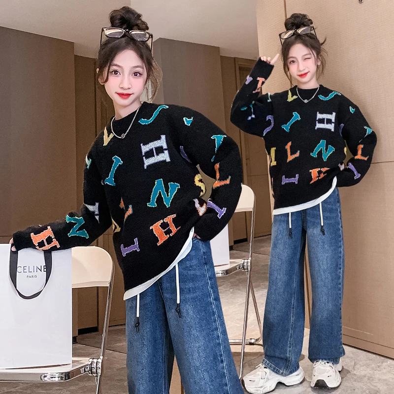 女童加厚毛衣秋冬款保暖字母洋气潮打底衫小女孩针织衫中大童儿童