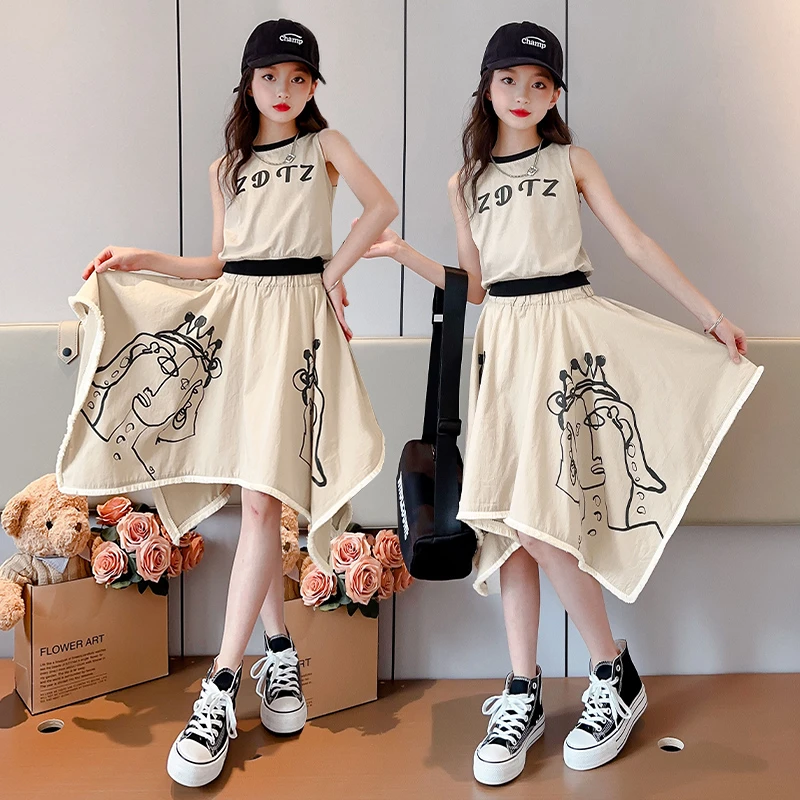 女童套装裙纯棉夏装新款洋气小女孩时尚套裙中大童两件套 DX04155