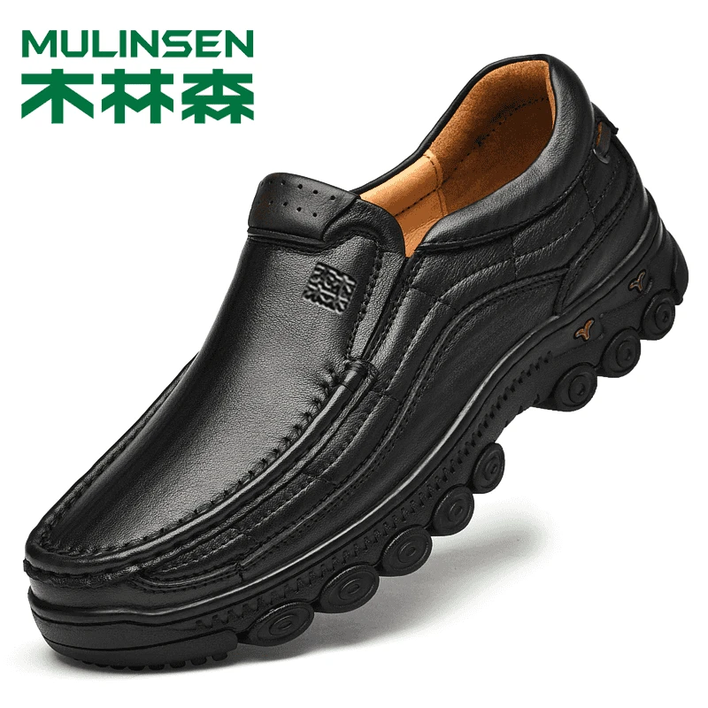 木林森厚底男鞋加肥加宽休闲皮鞋男士软底大码真皮爸爸鞋一脚蹬