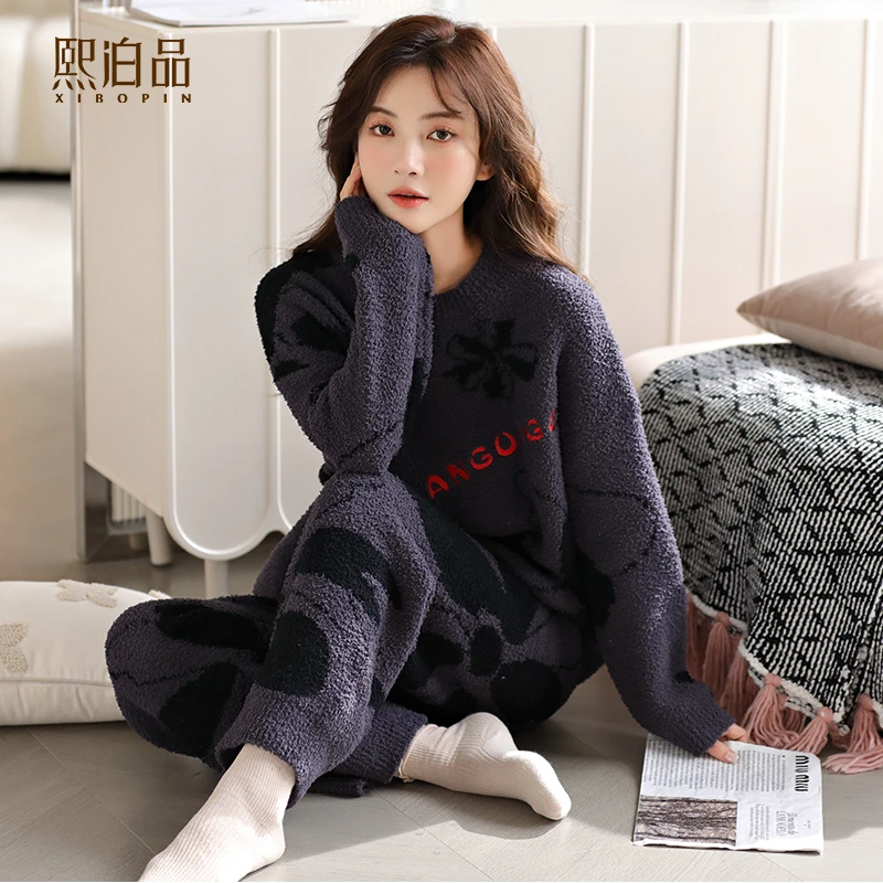 秋冬季珊瑚绒睡衣女保暖半边绒两件套装2025年新款冬天女士家居服
