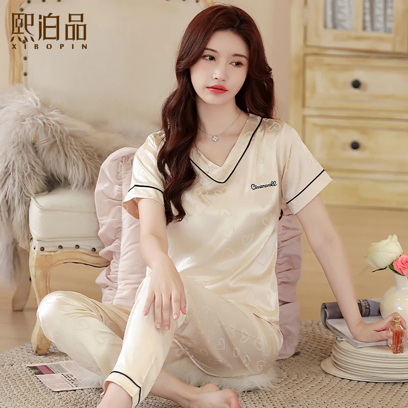 【有带胸垫可选】冰丝睡衣女夏天V领短袖薄款套装2025年新款家居服