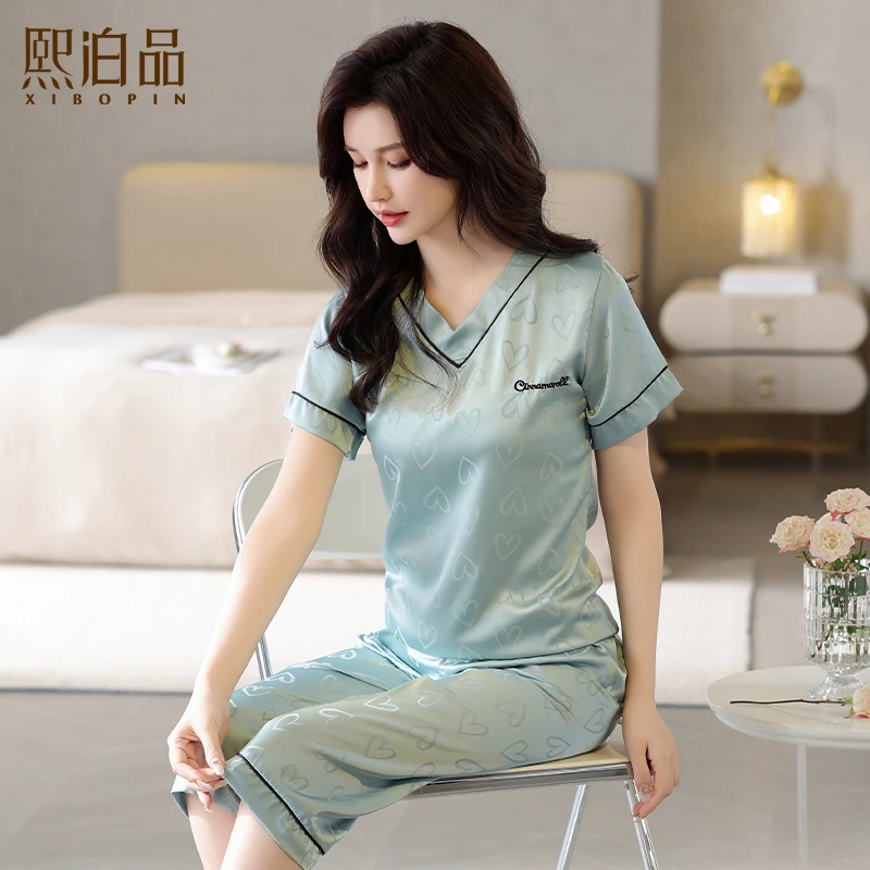 【有带胸垫可选】夏季冰丝睡衣女短袖七分裤两件套装休闲夏天家居服