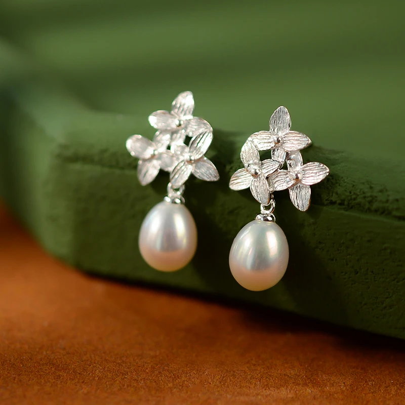 925纯银耳钉天然淡水珍珠耳坠花朵耳环女2021年新款气质耳饰