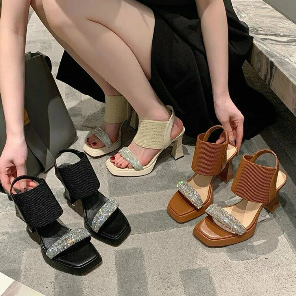 夏季爆款精品女鞋，仙女凉鞋水晶高跟厚底拖鞋水钻银色百搭粗跟