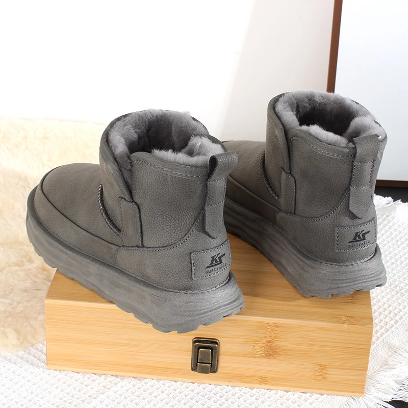 KS2468防水雪地靴男士百搭加厚保暖牛皮全羊毛冬季短筒棉鞋男士百