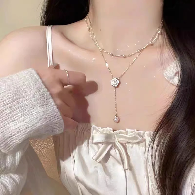 铜合金项链 山茶花双层流苏项链女小众设计感气质高级感锁骨链ins