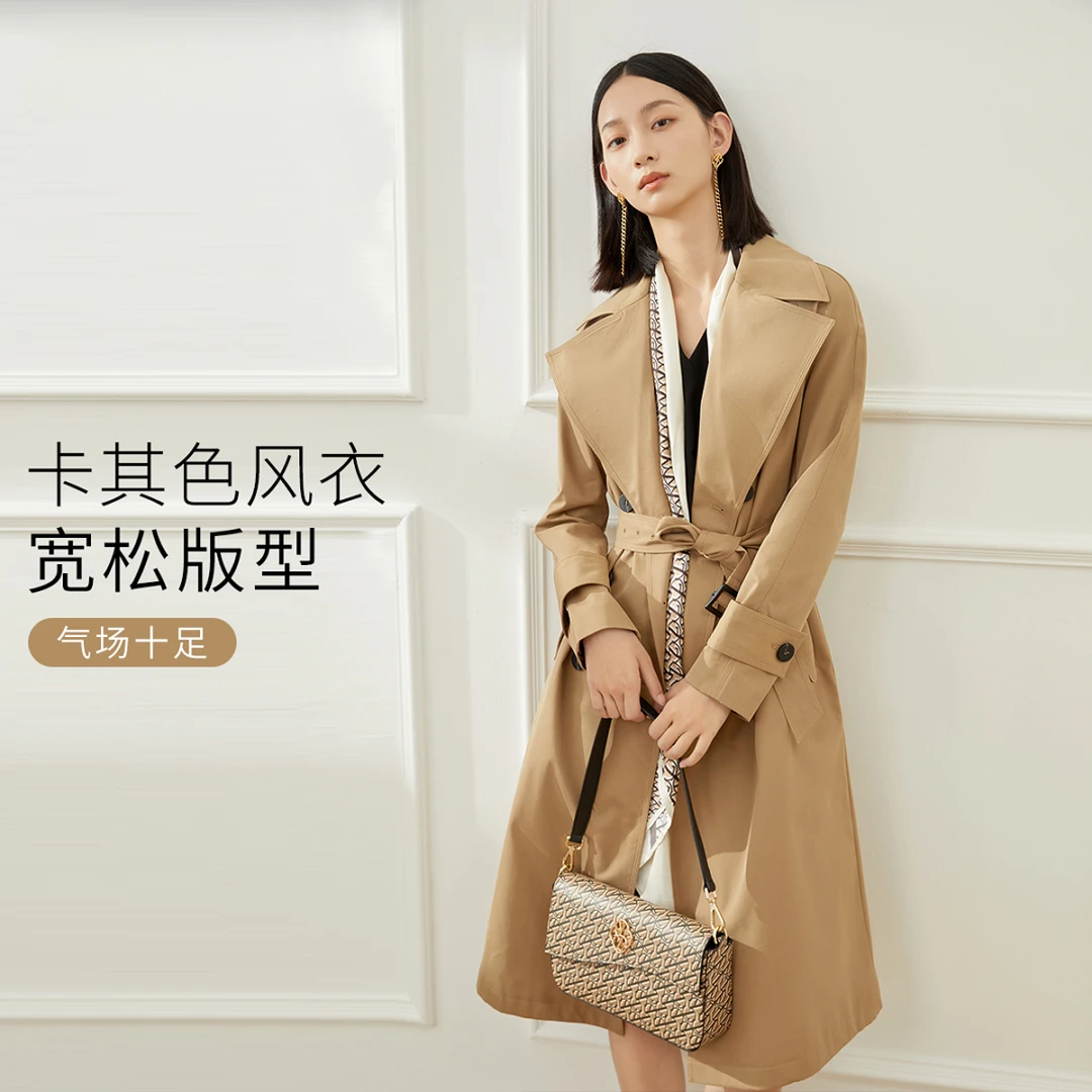 赢智尚卡其色优质长绒棉双排扣宽松长款风衣女ZJ00101
