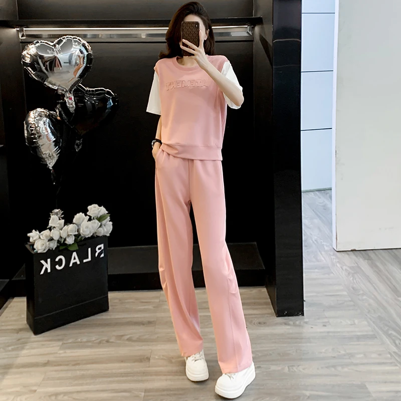 时尚减龄粉色休闲运动套装女夏季新款假两件短袖t恤阔腿裤两件套