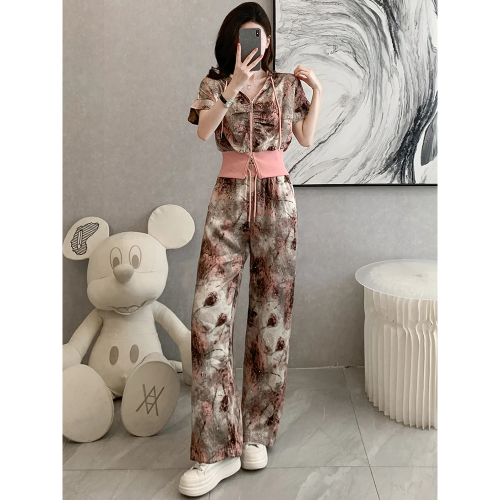 夏季2025新款欧洲站休闲运动套装女拼色连帽短袖上衣阔腿裤两件套