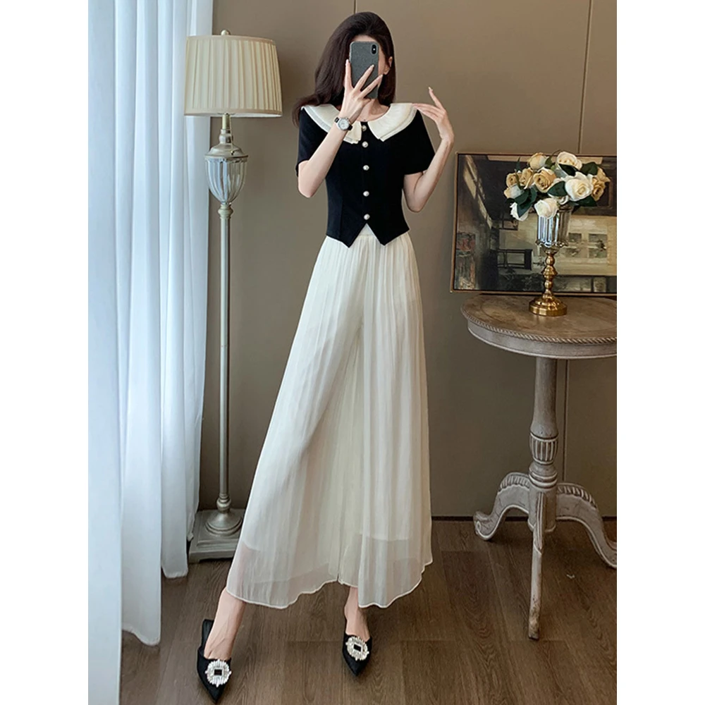 法式漂亮时尚套装女夏显瘦高级感小香风娃娃领上衣阔腿裙裤两件套