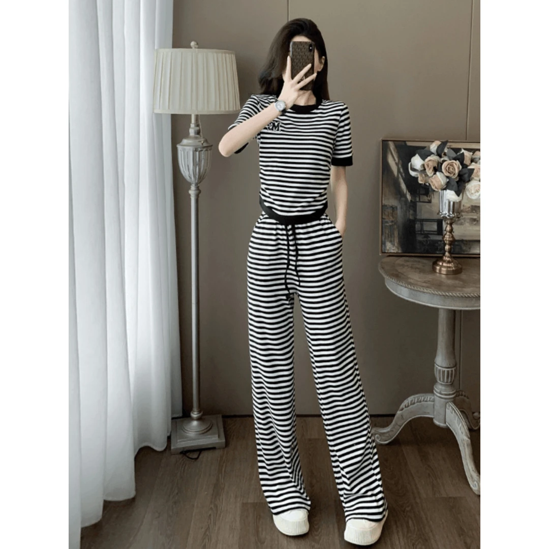 欧货条纹休闲运动套装女2025夏新款时尚减龄短袖t恤阔腿裤两件套