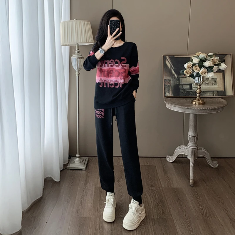 黑色网红炸街运动休闲套装女春秋时尚洋气减龄显瘦卫衣卫裤两件套