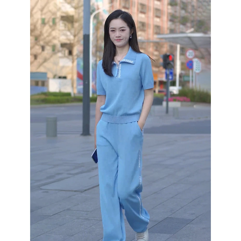 蓝色休闲时尚运动套装2025夏季新款网红炸街减龄卫衣阔腿裤两件套